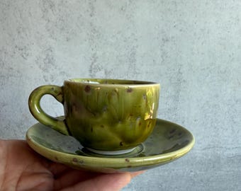 Emerald Green Speckled Espresso Cup & Saucer Set, Earthenware Ceramic, Boho Coffee Lover Gift