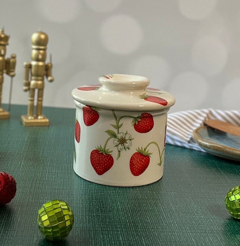 french butter keeper, ceramic lidded butter dish, strawberry butter crock