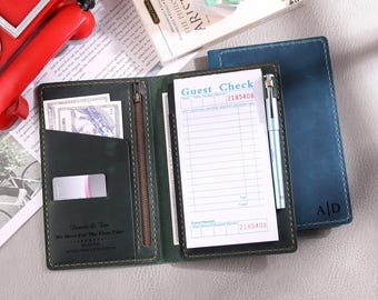 Leather Server Book Organizer with Zipper Pocket, Personalized Restaurant Guest Check Presenters card holder for Waitress, Waiter, Bartender