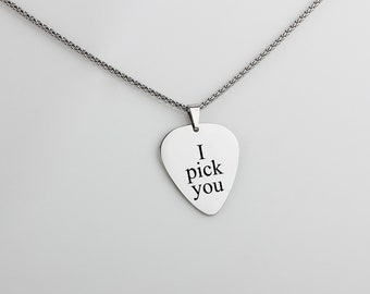 Personalized Guitar Pick Necklace, Anniversary Gift Engraved Guitar Pick Necklace, Metal Pick Men’s Gift Custom I Pick You Guitar Pick,