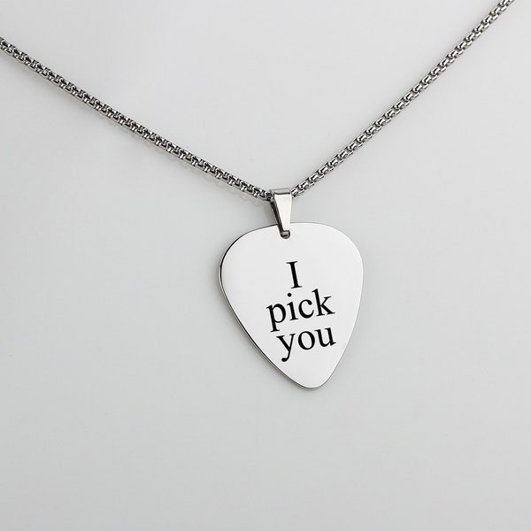 Personalized Guitar Pick Necklace, Anniversary Gift Engraved Guitar Pick Necklace, Metal Pick Men’s Gift Custom I Pick You Guitar Pick,