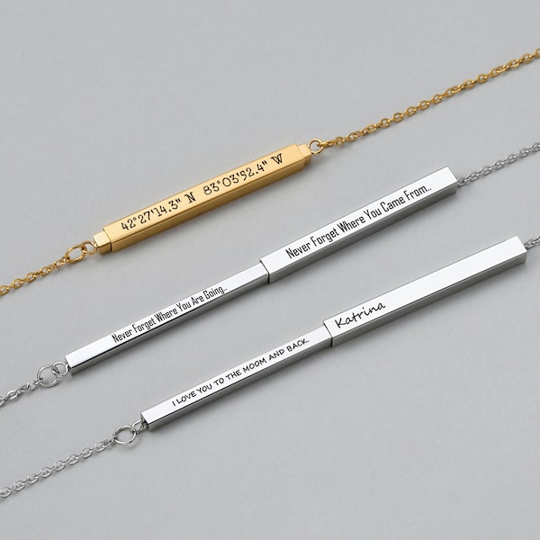 Personalized 3D Bar Necklace, Double Layered Bar Necklace, Engraved Message Bar, Secret Message Bar Necklace, Bridesmaid Gift