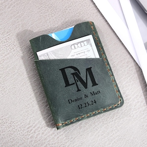 Tarjetero personalizado, billetera minimalista de cuero con escritura a mano, unisex, regalo para la madre y el padre.