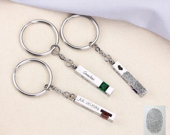 Urn Bar Keychain, Personalized Cremation Jewelry Keychain, Ashes Birthston Keychain, Handwriting Keyring, Custom Name Memorial Keychain