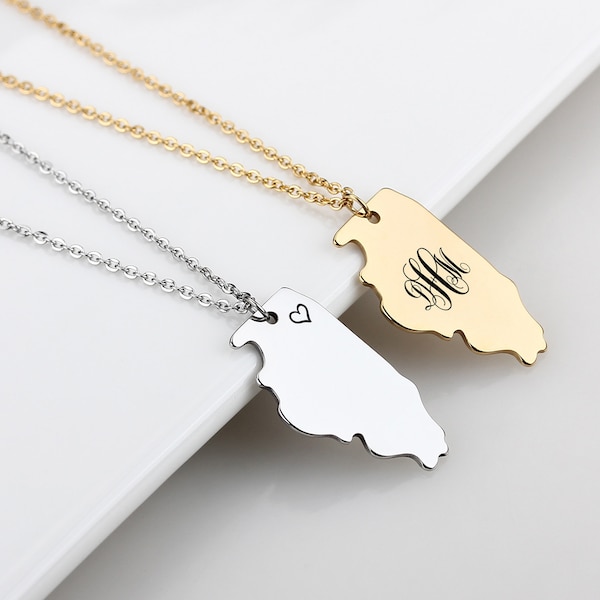 Personalized Gold State Necklace Illinois,IL State Pendant Necklace, State Shaped Necklace, Illinois State Necklace, Long Distance Gift