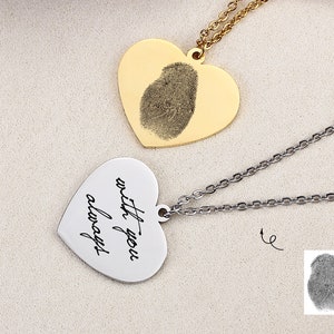 Engraved Heart Necklace, Actual Fingerprint Necklace Heart, Custom Handwriting Necklace Heart, Heart Necklace Personalized