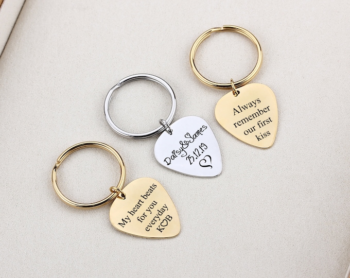 Personalized Guitar Pick Keychain, Anniversary Gift Engraved Guitar Pick,  Metal Pick Men’s Gift Custom Guitar Pick