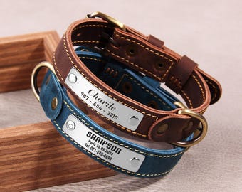Collier pour chien en cuir réglable personnalisé, collier en cuir pour chien, collier pour animal de compagnie en cuir véritable, collier pour chien personnalisé avec plaque signalétique, cadeau pour amoureux des animaux de compagnie