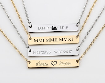 Personalized Bar Necklace, Gold Bar Necklace,  Custom Name Bar Necklace,Engraved Roman Necklace,Name Bar Necklace,Monogram Necklace