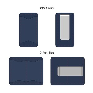 May include: Two different styles of leather wallets with a money clip and pen slots. The top wallet has one pen slot and the bottom wallet has two pen slots. Both wallets are dark blue.