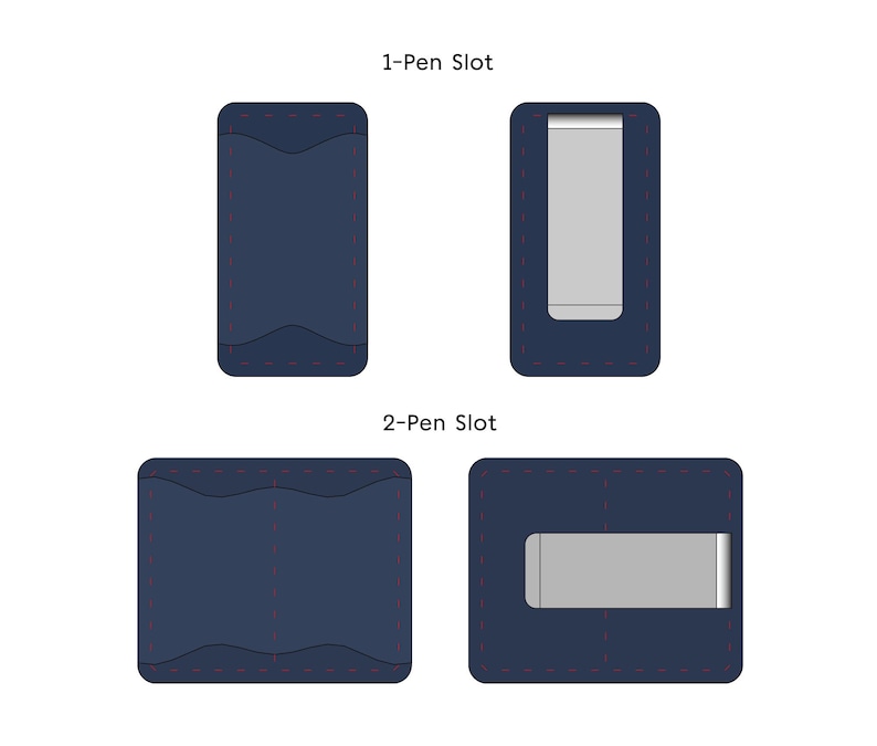 May include: Two different styles of leather wallets with a money clip and pen slots. The top wallet has one pen slot and the bottom wallet has two pen slots. Both wallets are dark blue.