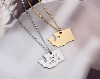 Personalized Washington State Necklace, Custom Engraved Stainless Steel Pendant