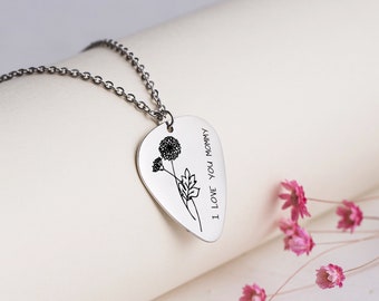 Birth Month Flower  Bouquet Personalized Jewelry, Mothers day Jewelry Gift, Personalized gift for Her, Birth Flower Guitar Pick Necklace