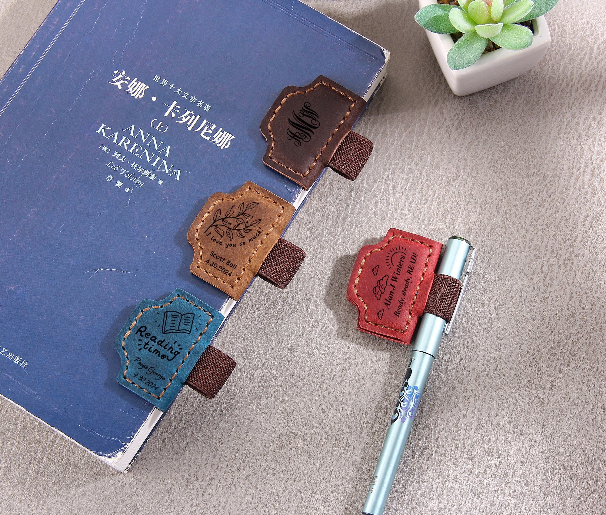 Personalised Leather Magnetic Pen Clip, Genuine Leather Pen Loop with Engraved Initials, Pen Holder for Travelers Notebook Journal Covers