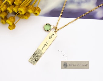 Custom Handwriting Necklace, Actual Fingerprint, Memorial Jewelry, Signature Necklace with Birth Stone, Personalized Fingerprint Necklace