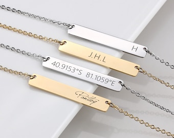 Personalized Stainless Steel Bar Necklace, Custom Name, Coordinates