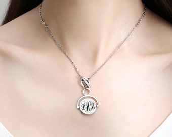 Personalized Monogram Name Necklace, Custom Initial Name Necklace, Front Toggle Style Letter Disc Necklace, Spinner Coin Jewelry for Women