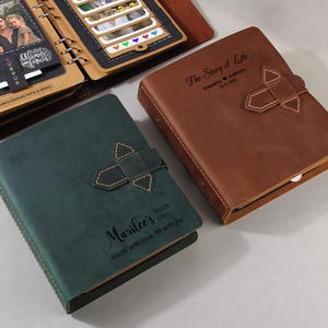 May include: Two leather journals, one green and one brown, with cross-shaped closures. The green journal has the text "Marilee's Growth Diary, Made with love, fill with joy." The brown journal has the text "The Story of Life, Aissatou Anthony 2015-2023."