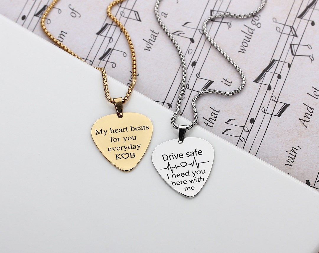 Personalized Guitar Pick Necklace, Anniversary Gift Engraved Guitar