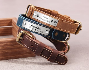 Collier réglable en cuir pour chien en cuir personnalisé, collier pour chat en cuir, collier pour animal de compagnie en cuir véritable, collier pour chien personnalisé avec plaque signalétique, cadeau pour amoureux des animaux de compagnie