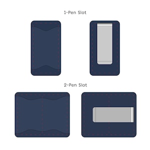 May include: Two different styles of leather wallets with a money clip and pen slots. The top wallet has one pen slot and the bottom wallet has two pen slots. Both wallets are dark blue.