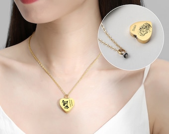 Personalized Cremation Urn Necklace for Ashes Memorial, Engraving Heart Pet Portrait Necklace Loss of Dog Gift Jewelry for Dog Pets Ashes