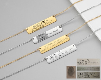 Custom Handwriting Necklace, Signature Necklace, Engraved Thumbprint Bar Necklace, Memorial Signature Keepsake Jewelry, Mom Gift