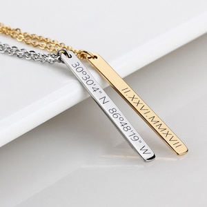 Bar Necklace,Vertical Bar Necklace,Custom Bar necklace, Coordinates Necklace,Personalized necklace,Nameplate Necklace, Bridesmaid Gift,