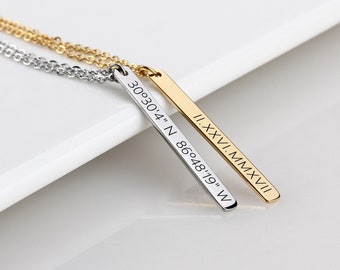 Bar Necklace,Vertical Bar Necklace,Custom Bar necklace, Coordinates Necklace,Personalized necklace,Nameplate Necklace, Bridesmaid Gift,