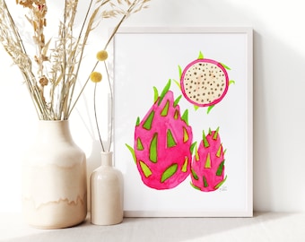 Etsy's Pick Dragonfruit Print By Sara Franklin, Kitchen Wall Art, Nursery Decor, Kids Room, Tropical Summer Gifts, Fruit Prints, Baby Shower