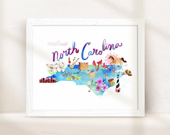 North Carolina Map by Sara Franklin, North Carolina Watercolor, Original State Map, Girls Room Art, Bohemian Decor, Kitchen Art Print