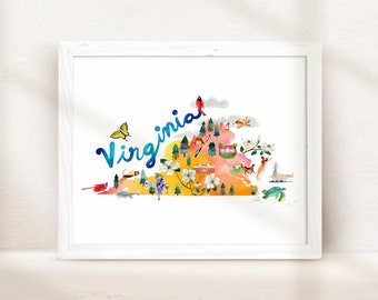 Virginia Map State Wall Art, Virginia Beach, Wedding Gift, Watercolor Print, State Home Decor, Destination Vacation Travel Art