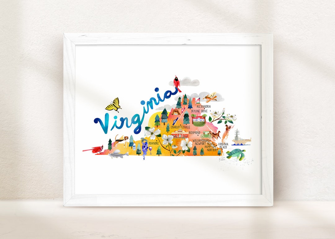 Virginia Map State Wall Art Virginia Beach Wedding Gift Etsy