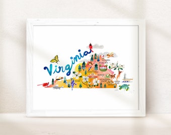 Virginia Map State Wall Art, Virginia Beach, Wedding Gift, Watercolor Print, State Home Decor, Destination Vacation Travel Art