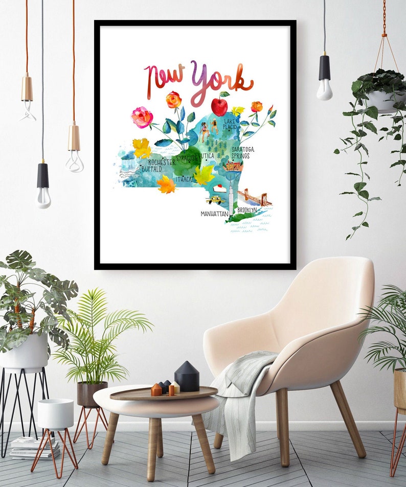 Extra Large New York Map Wall Art Ilrated Watercolor Print Travel Poster Bucket List Wander Eclectic Decor Adventure Awaits Boho