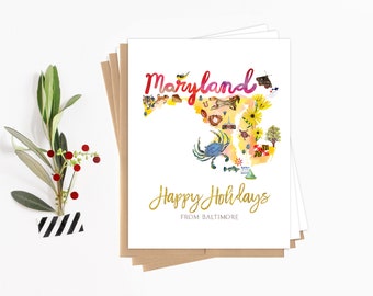 Maryland State Christmas Card Pack Merry Christmas Map Set Personalized Holiday Cards Custom Baltimore Unique Modern Watercolor Travel Cards