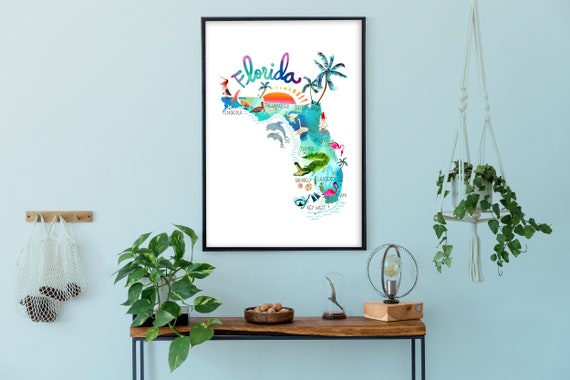Florida Wall Art By Sara Franklin Florida Map Florida Art Etsy