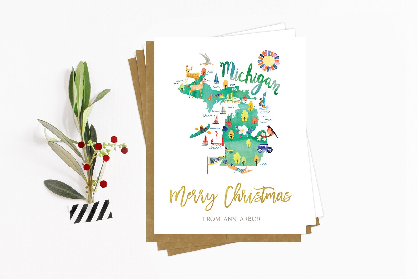 Michigan State Christmas Card Pack Merry Christmas Map Set | Etsy