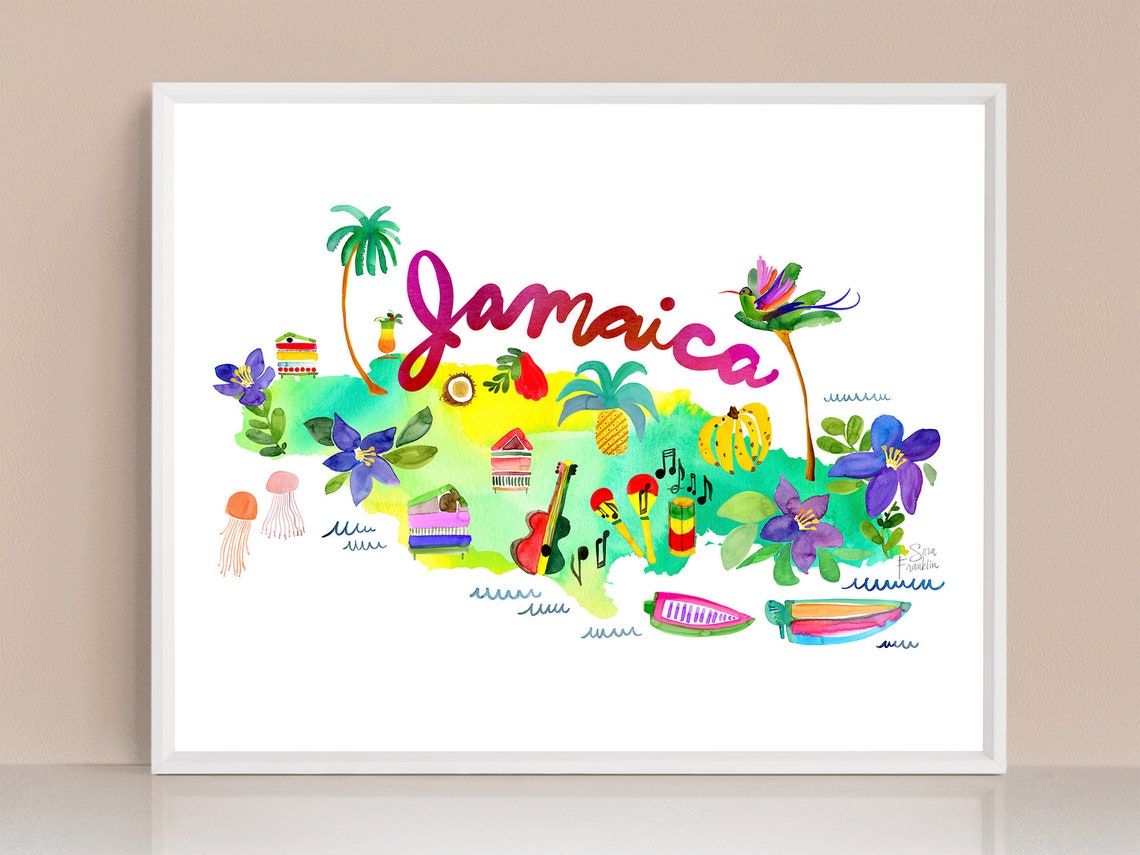 Jamaica Map Art Print Travel Wall Art Caribbean Vacation Etsy
