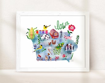 Iowa State Map Art Print, Hawkeyes Gift, Unique Watercolor, Summer Farmhouse Home Decor, Military Housewarming Gift, Playroom, Nursery Gift