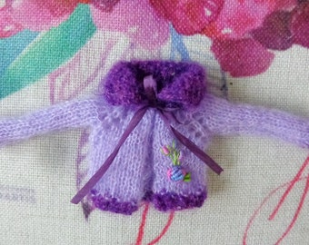PULLIP or Blythe Doll  soft mohair Cardigans- OOAK - Purple & Mauve including dimensional flowers
