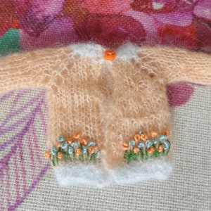PULLIP or Blythe Doll  soft mohair Cardigans- OOAK - Apricot & Pale Blue with matching 3D flowers