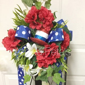 Top Hat Patriotic Lantern Swag, Memorial Day Swag, Red White and Blue Decor, 4th of July Floral Arrangement, Candle, Lamp Decoration, Wreath image 1