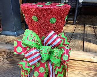 Christmas Top Hat Tree Topper, Candy Red and White, Green Tree Topper, Candy Cane Top Hat, Centerpiece, Christmas Decor, Holiday Decoration