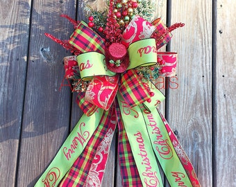 Plaid Top Hat Christmas Tree Topper, Red and Lime Green Bow, Decoration, Holiday Decor Christmas Wreath, Home Decor, Holiday, Rustic