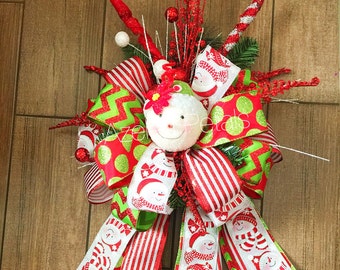 Snowman Christmas Tree Topper, Candy Cane and Lime Green Bow, Chevron Decoration, Holiday Decor Christmas Wreath, Home Decor Holiday