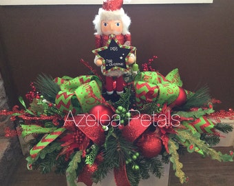 Christmas Chalkboard Nutcracker Centerpiece, Whimsical Santa Arrangement, Table Chevron Christmas Fireplace Mantel, Red & Lime Decoration