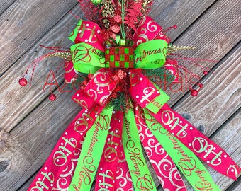 Present Christmas Tree Topper, Gold Red and Lime Green Bow, Chevron Decoration, Holiday Decor Christmas Wreath, Home Decor, Holiday, Cupcake