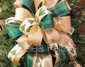 Grand plaid Green-Teal, Gold Champagne Tree Topper Burlap Shimmer Christmas Trees, 20 boucles avec banderoles, Farmhouse Luxury Elegant Bow, XXL