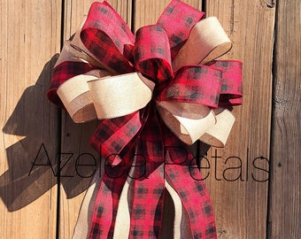 Buffalo Check- Plaid Rustic Tree Topper Bow, Large Burlap Farmhouse Christmas Bow, Traditional Decoration, Natural XXL Wreath Bow, Hand Tied